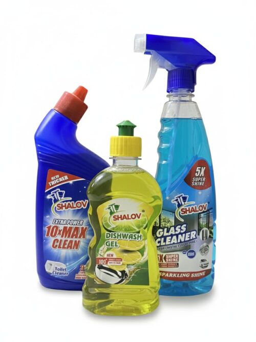 SHALOV Cleaning Kit, Toilet Cleaner 500ml, Dishwash Gel 250ml, Glass Cleaner 500ml, Multi-Purpose Household Cleaning Set